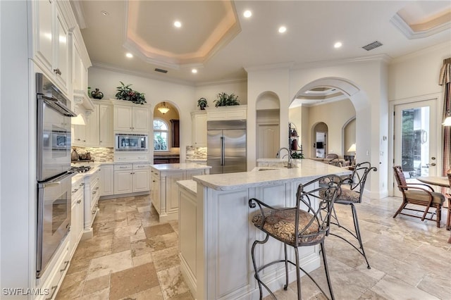 kitchen featuring sink, a tray ceiling, built in appliances, an island with sink, and light stone counters