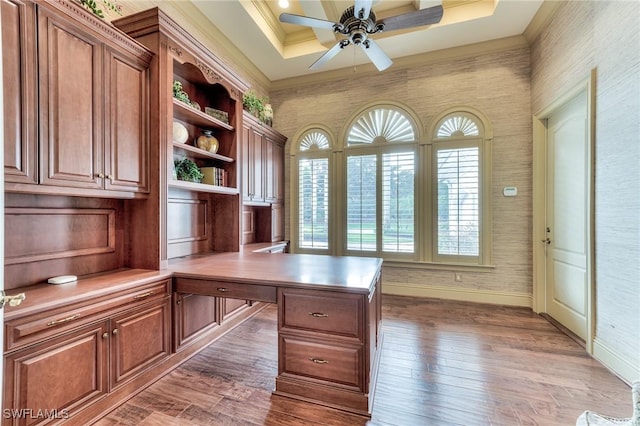 unfurnished office featuring ceiling fan, dark hardwood / wood-style floors, a raised ceiling, and ornamental molding