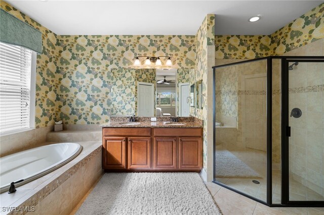 bathroom with vanity and plus walk in shower