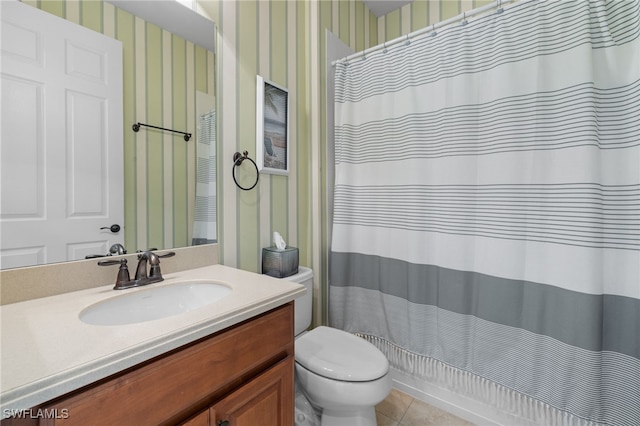 bathroom with tile patterned flooring, vanity, toilet, and wallpapered walls