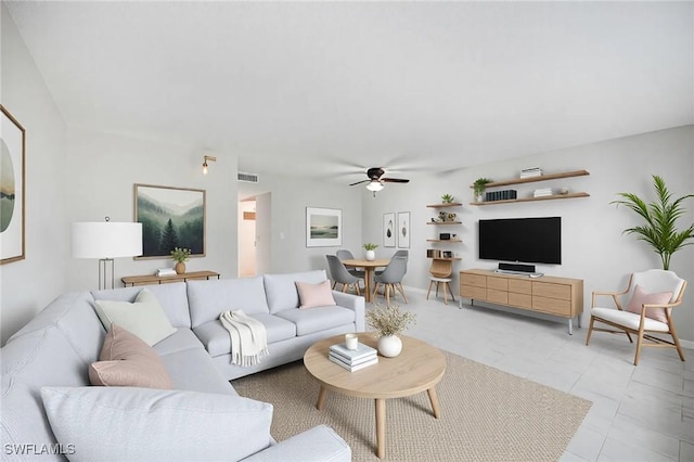 living area with visible vents and a ceiling fan