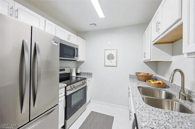 kitchen featuring visible vents, a sink, white cabinetry, stainless steel appliances, and baseboards