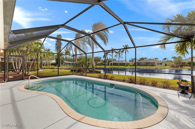 view of swimming pool featuring a lanai, a patio area, and a water view