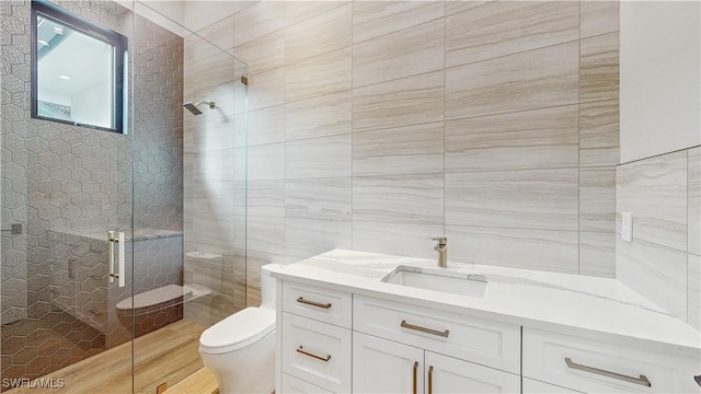 bathroom with tile walls, toilet, walk in shower, and vanity