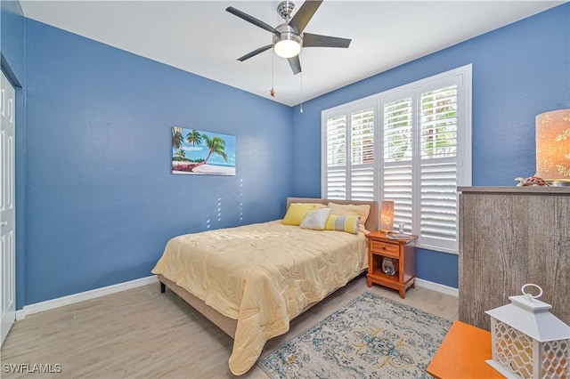 bedroom with ceiling fan and wood-type flooring