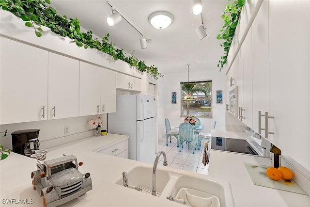 kitchen with kitchen peninsula, sink, white cabinets, and white appliances