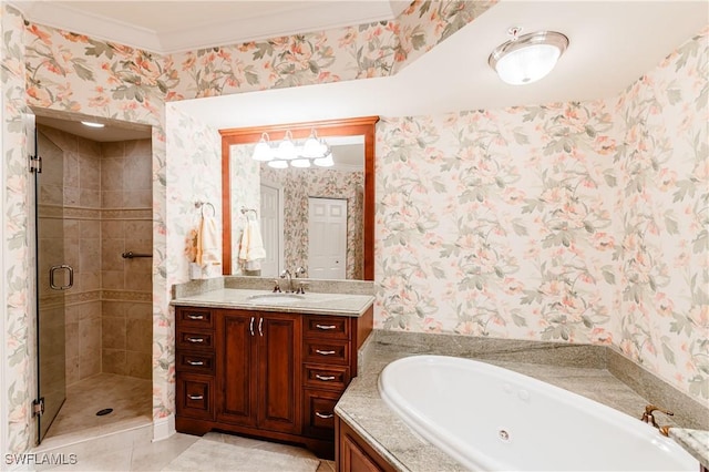 bathroom with vanity, tile patterned flooring, crown molding, and plus walk in shower