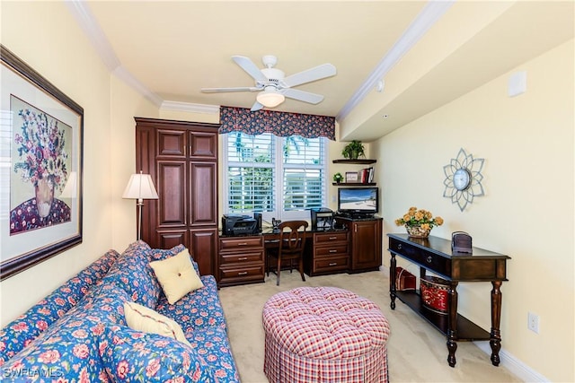 carpeted office featuring ceiling fan and ornamental molding