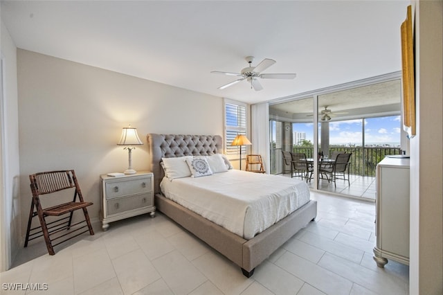 bedroom with access to outside, floor to ceiling windows, and ceiling fan