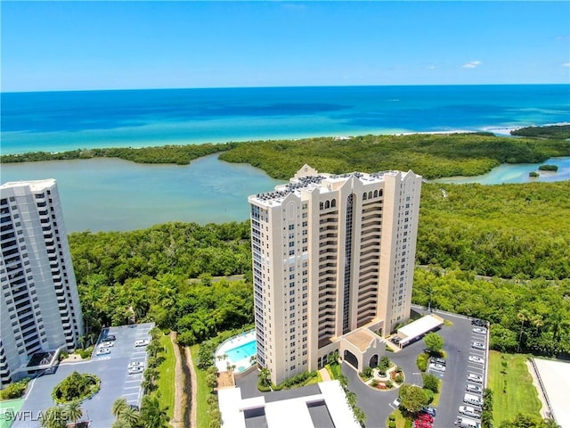 drone / aerial view with a water view