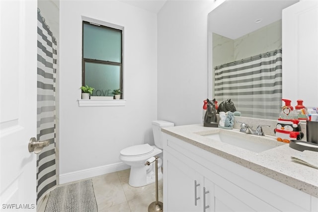 bathroom with curtained shower, tile patterned floors, vanity, and toilet