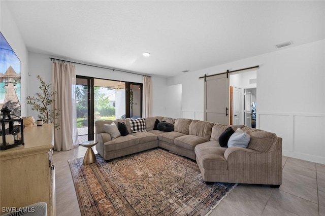 living room with a barn door