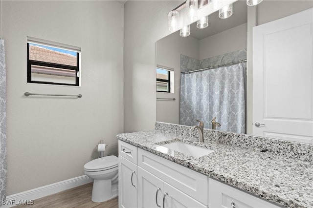 bathroom with toilet, vanity, wood-type flooring, and plenty of natural light