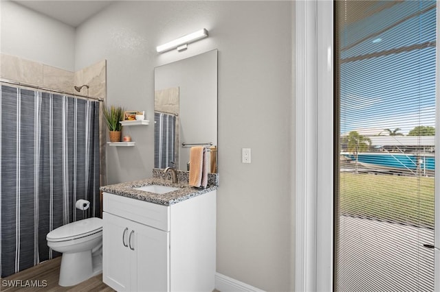 bathroom with toilet, a tile shower, hardwood / wood-style floors, and vanity