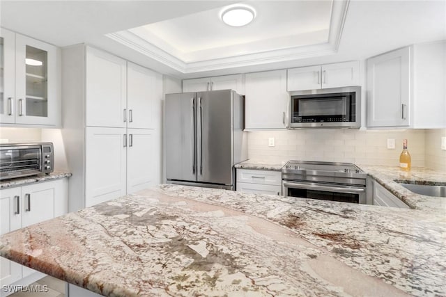 kitchen featuring appliances with stainless steel finishes, white cabinetry, decorative backsplash, light stone counters, and a tray ceiling