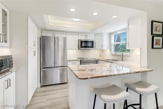 kitchen featuring sink, white cabinetry, appliances with stainless steel finishes, and a raised ceiling