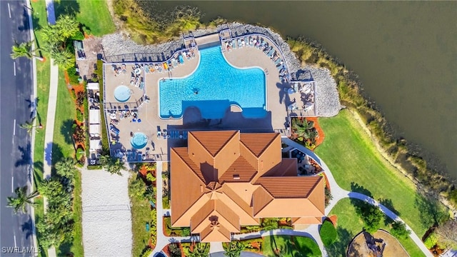 drone / aerial view featuring a water view