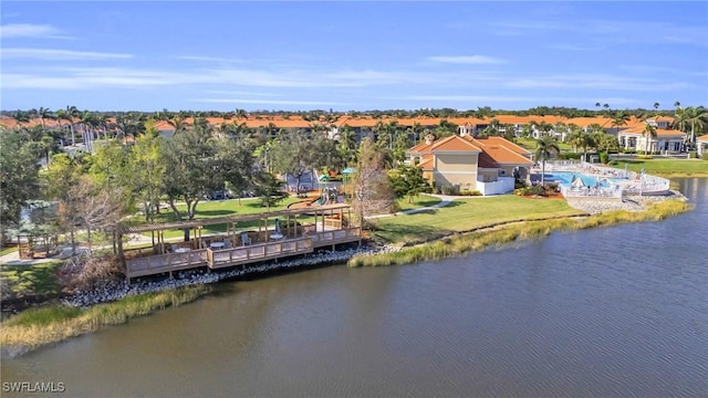 drone / aerial view featuring a water view