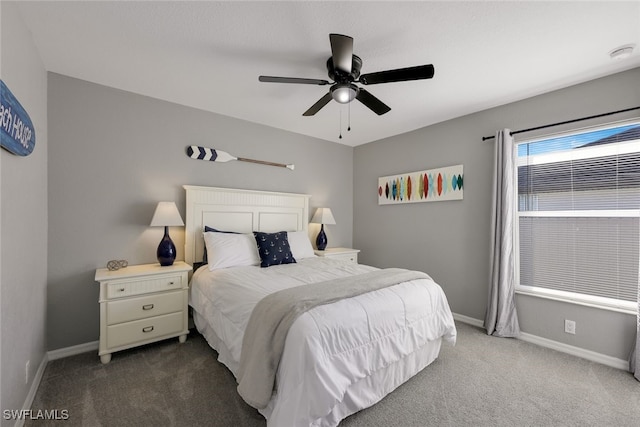 bedroom featuring ceiling fan and carpet flooring