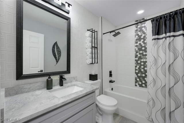 full bathroom with toilet, vanity, and shower / bathtub combination with curtain