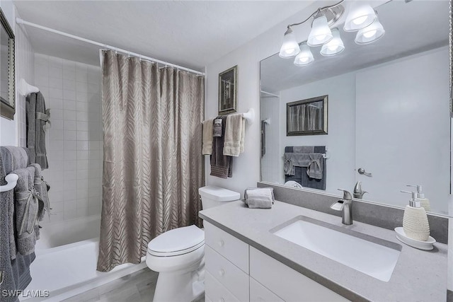 full bathroom with a fireplace, toilet, wood-type flooring, shower / bath combination with curtain, and vanity