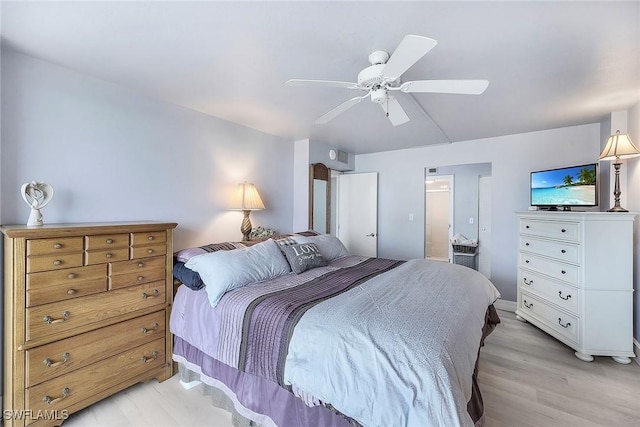 bedroom featuring ceiling fan and light hardwood / wood-style floors