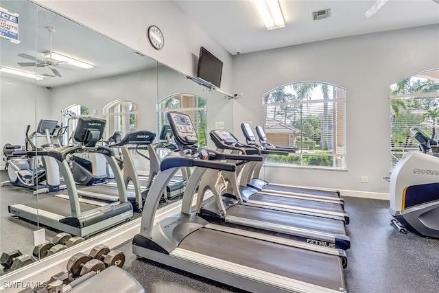 exercise room with ceiling fan