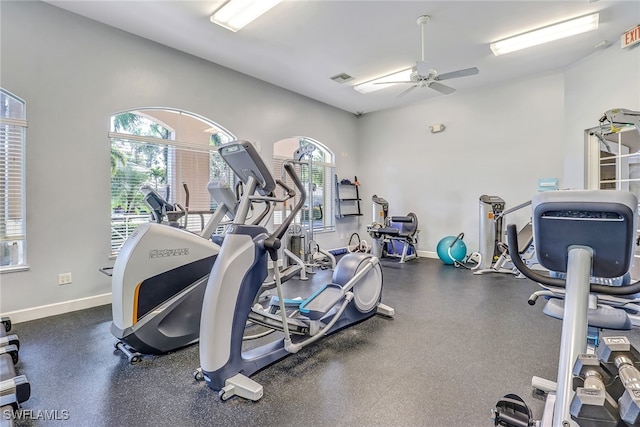 gym with ceiling fan and a healthy amount of sunlight