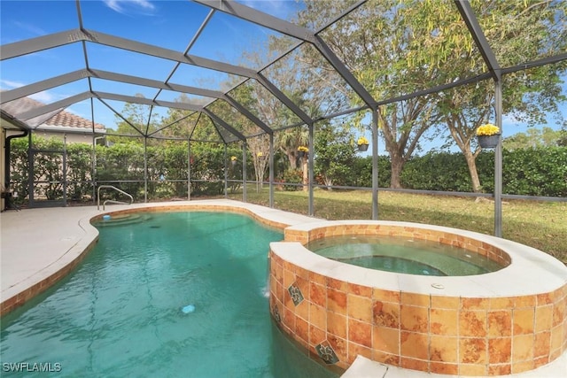 view of pool featuring a patio area, glass enclosure, and an in ground hot tub