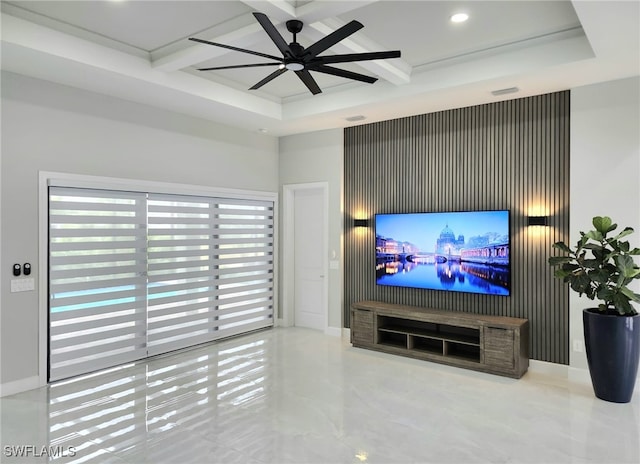 living room featuring ceiling fan, coffered ceiling, and beam ceiling