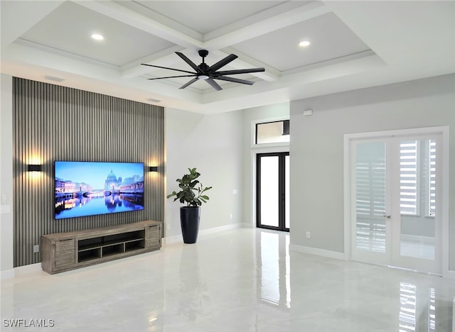 living room featuring ceiling fan, french doors, coffered ceiling, and beam ceiling