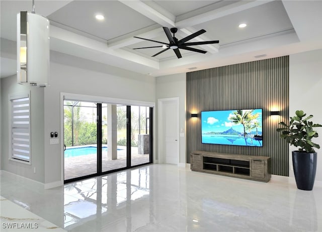 living room with beamed ceiling, a towering ceiling, ceiling fan, and coffered ceiling