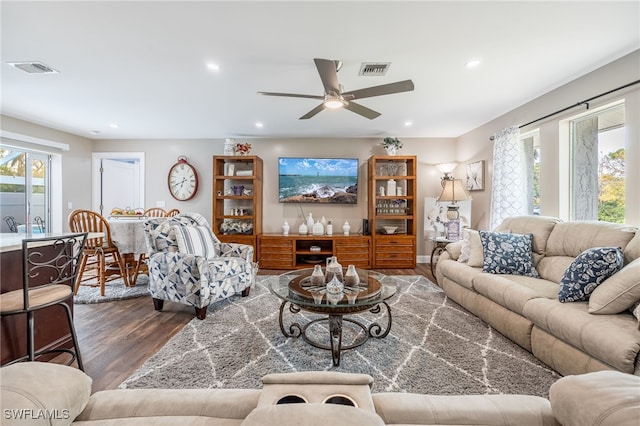 living room featuring ceiling fan, dark wood-type flooring, and plenty of natural light