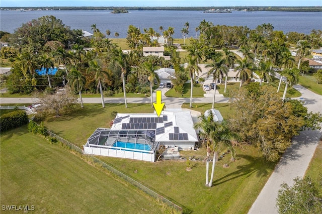 birds eye view of property featuring a water view