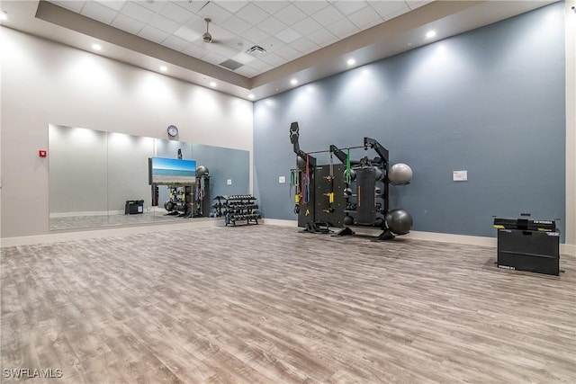 workout room featuring baseboards, a drop ceiling, a high ceiling, and wood finished floors