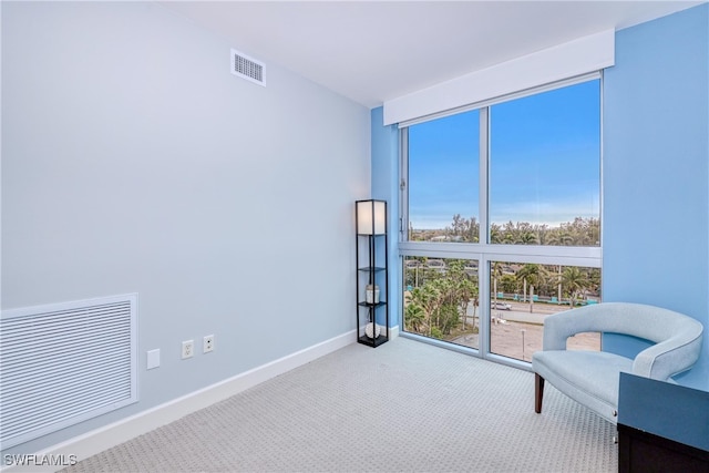 sitting room featuring light colored carpet