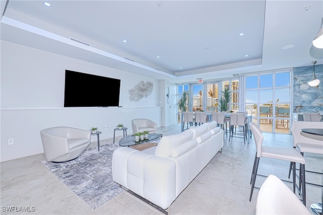 living room featuring a raised ceiling