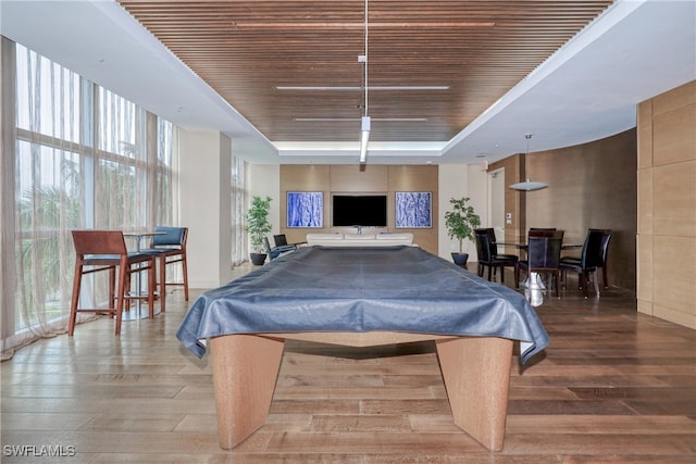 recreation room with billiards, expansive windows, light hardwood / wood-style floors, and wood ceiling