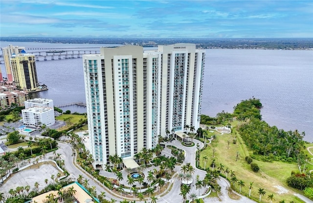 aerial view featuring a water view