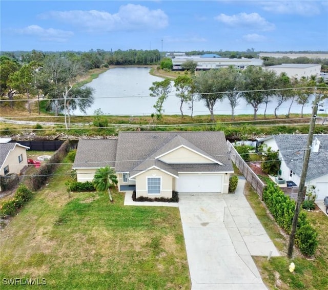 bird's eye view with a water view