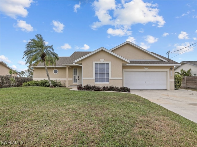 ranch-style home featuring a front lawn and a garage