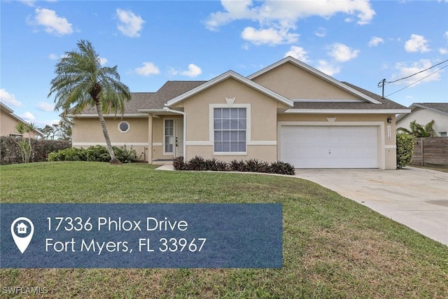 ranch-style home with a garage and a front lawn