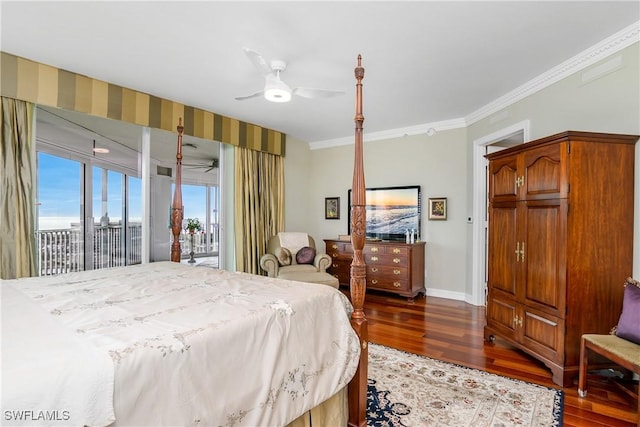 bedroom with ceiling fan, crown molding, dark hardwood / wood-style flooring, and access to outside