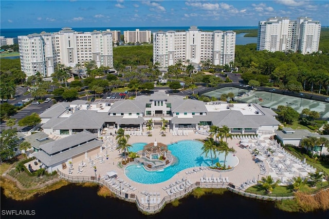 drone / aerial view with a water view