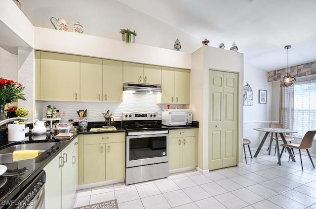 kitchen with sink, light tile patterned flooring, backsplash, and electric stove