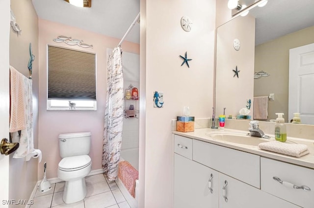 full bathroom featuring tile patterned flooring, shower / tub combo with curtain, vanity, and toilet