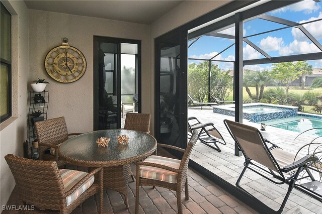 sunroom / solarium with a swimming pool