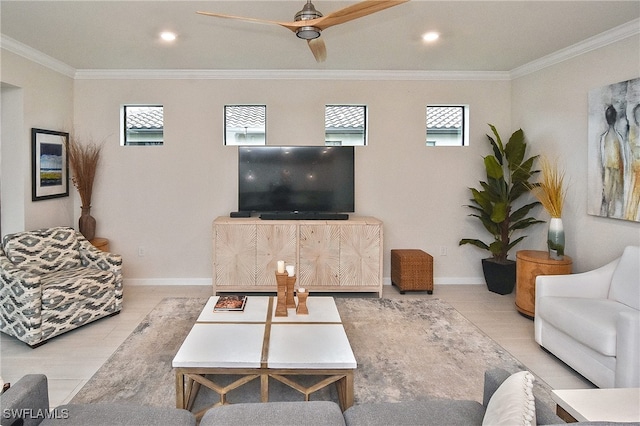 living room with recessed lighting, ceiling fan, baseboards, and ornamental molding