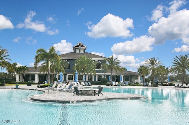 view of swimming pool featuring a patio area