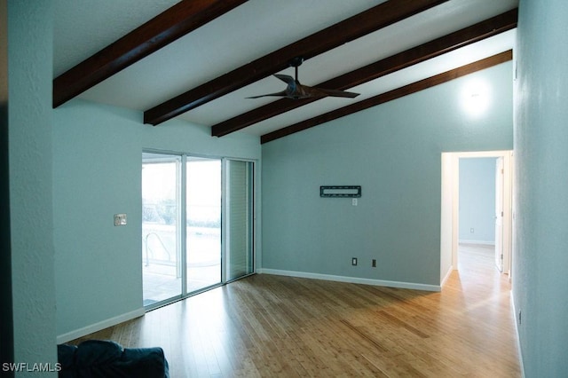 spare room featuring ceiling fan, high vaulted ceiling, beamed ceiling, and light wood-type flooring